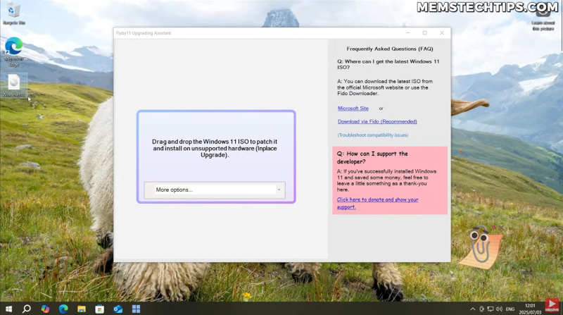 Screenshot von Flyby11 mit der Möglichkeit, ein Windows-11-ISO-File anzugeben.