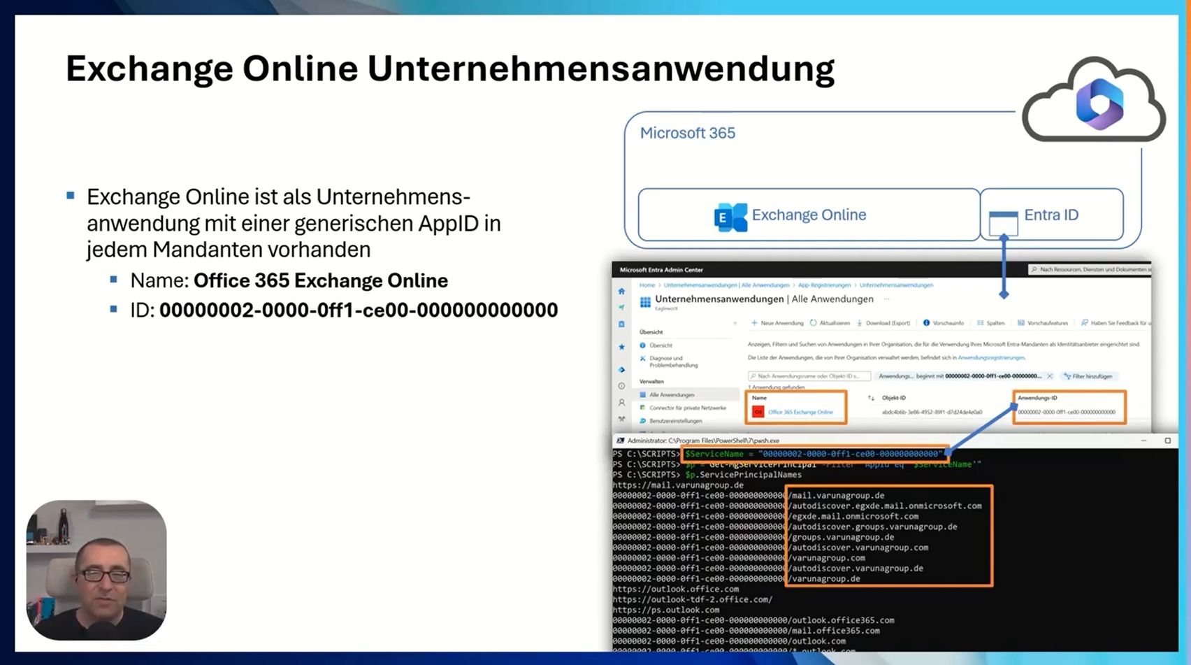 Screenshot aus dem Tech-Talk-Video zu Exchange Hybrid mit einem geöffneten Kommandozeilenfenster und dem Entra ID Admin Center.