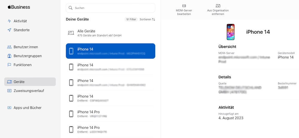 Beispiel der Gerätezuweisung zu einem UEM-System für das Automated Device Enrollment über den Apple Business Manager.