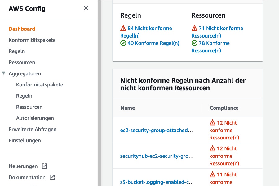 Das Dashboard unterscheidet zwischen nicht konformen und konformen Regeln und Ressourcen.