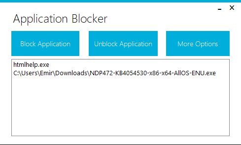 Screenshot des Tools Application Blocker mit einer aufgeführten, blockierten Anwendung.