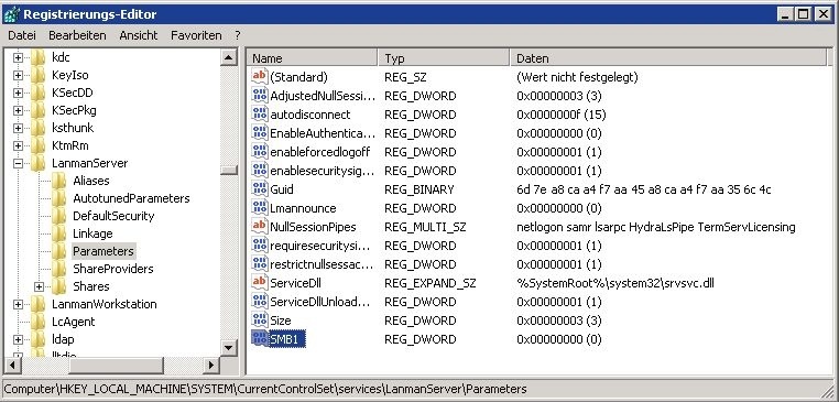 Der neue Schlüssel "SMB1" deaktiviert SMB 1.0 für den SMB-Server.