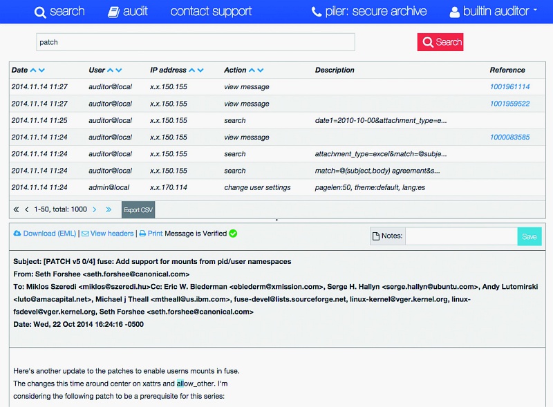 Bild 3: Die Audit-Ansicht von Piler ermöglicht die Suche nach E-Mails sowie Information über deren Integrität und Historie.