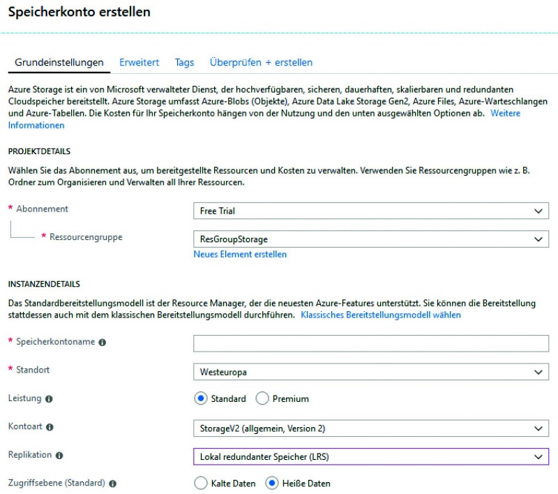 Bild 1: Schon beim Erstellen eines Azure-Speicherkontos sind diverse Eigenschaften des Cloud-Storage festzulegen.