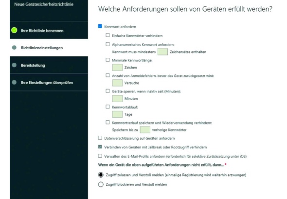 Bild 1: Über Gerätesicherheitsrichtlinien steuern Sie die Sicherheitseinstellungen auf den Endgeräten der Anwender.