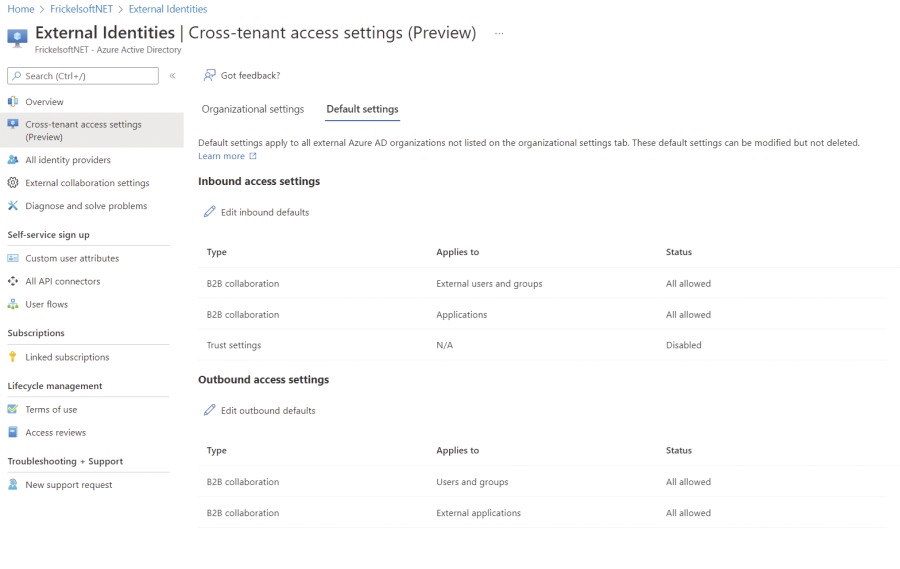 Bild 1: Die Default-Settings von Cross-tenant Access für B2B-Kollaboration erlauben freie Fahrt. Auf Wunsch etablieren Sie eine feinere Steuerung auf Benutzer- oder Gruppenebene. 