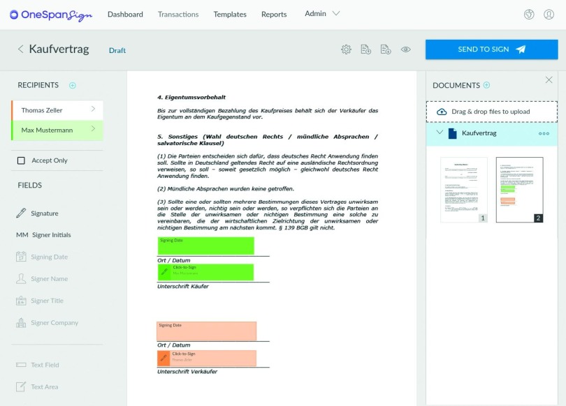 Bild 1: OneSpan Sign enthält ein vollwertiges Dokumentenmanagementsystem. Die Felder für die elektronische Signatur lassen sich mithilfe eines intuitiven Editors im Dokument platzieren. 
