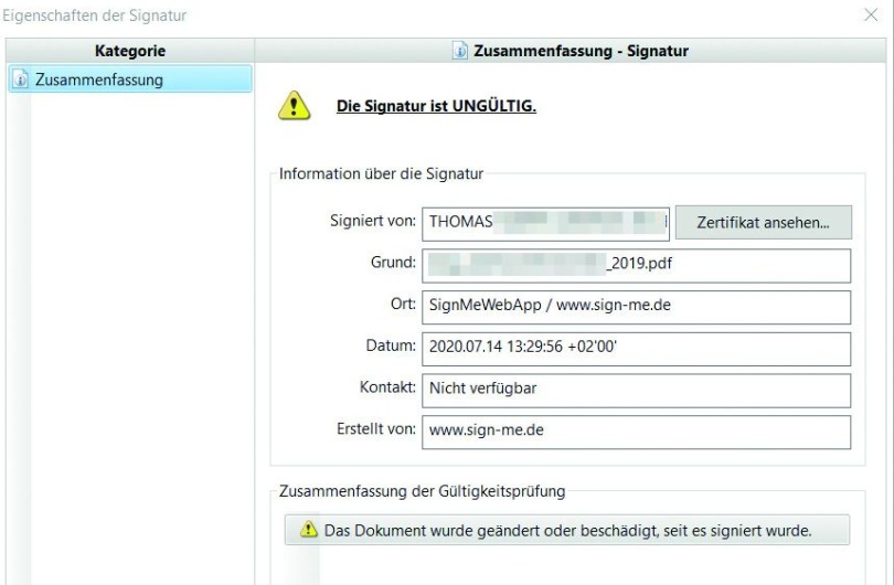  Bild 2: Sign-me enthält nur ein rudimentäres Dokumentenmanagementsystem, erkennt Änderungen nach der Signatur aber ebenfalls zuverlässig. 