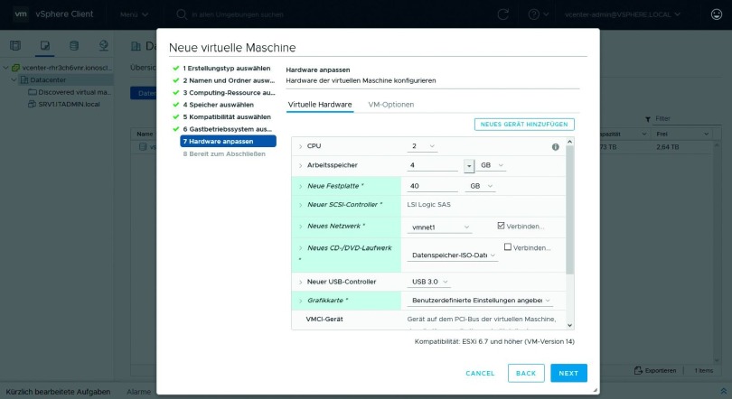 Bild 3: Das Anlegen einer virtuellen Maschine erfolgt mit den bei VMware üblichen Parametern.