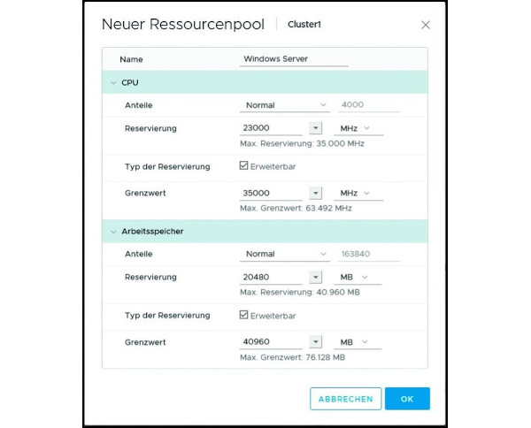 Bild 4: Über die Ressourcengruppen limitierten wir Ressourcen für eine Gruppe von VMs.