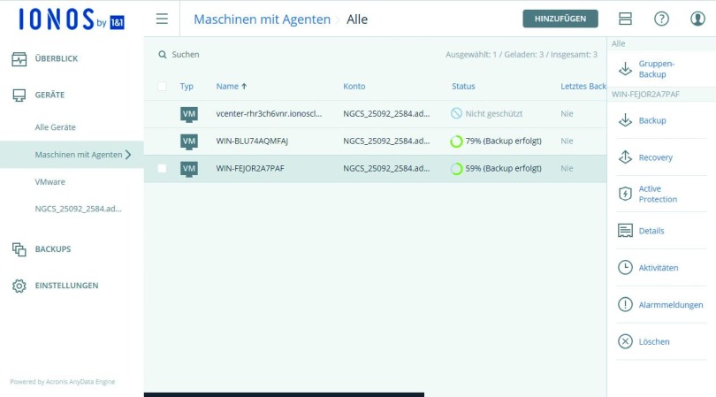 Bild 5: Über die Backupfunktion, basierend auf Acronis, lassen sich die VMs in der privaten Cloud sichern.