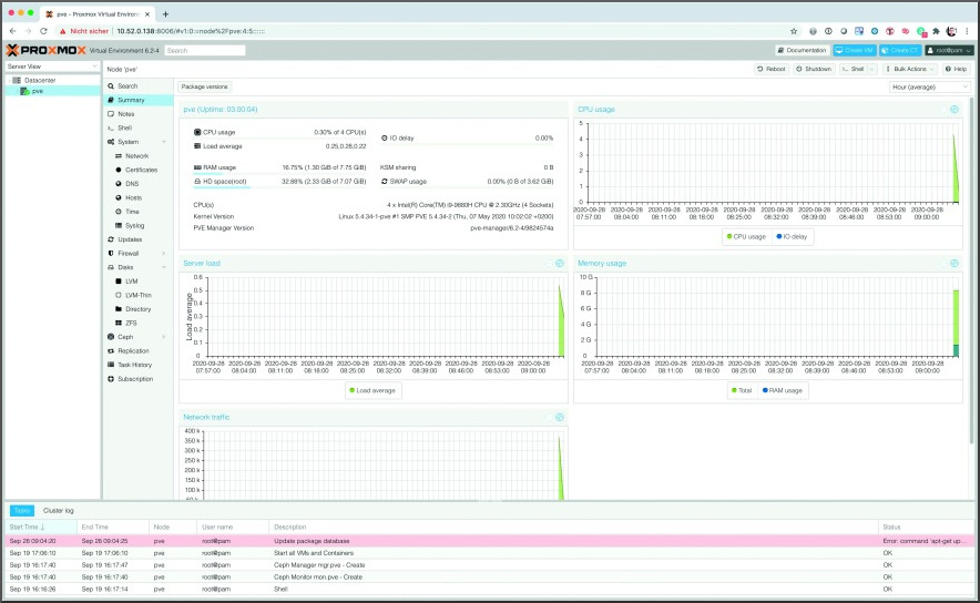 Bild 2: Nach der Installation von Proxmox und dem Hinzufügen von Hosts stehen im Webinterface bereits umfangreiche Statistikdetails bereit.
