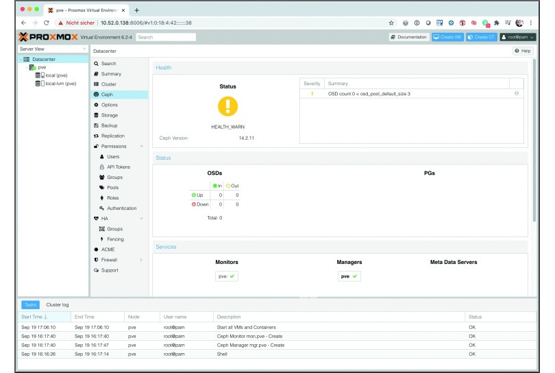 Bild 3: Die Proxmox-GUI richtet auf Wunsch einen Ceph-Cluster ein, wobei sie auch das Bootstrapping des ersten MON-Knotens erledigt.