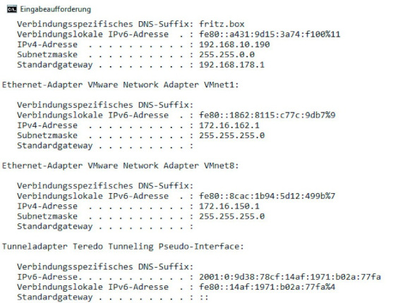 Bild 2: IPv6-Adressen lassen sich zusammen mit IPv4-Adressen in der Befehlszeile anzeigen.