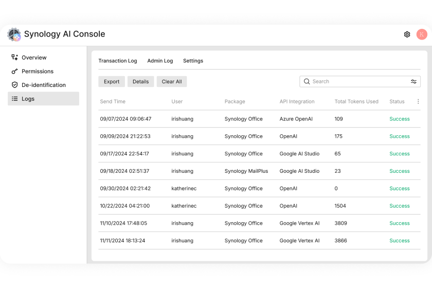 Synology AI Console mit Anzeige von Logs