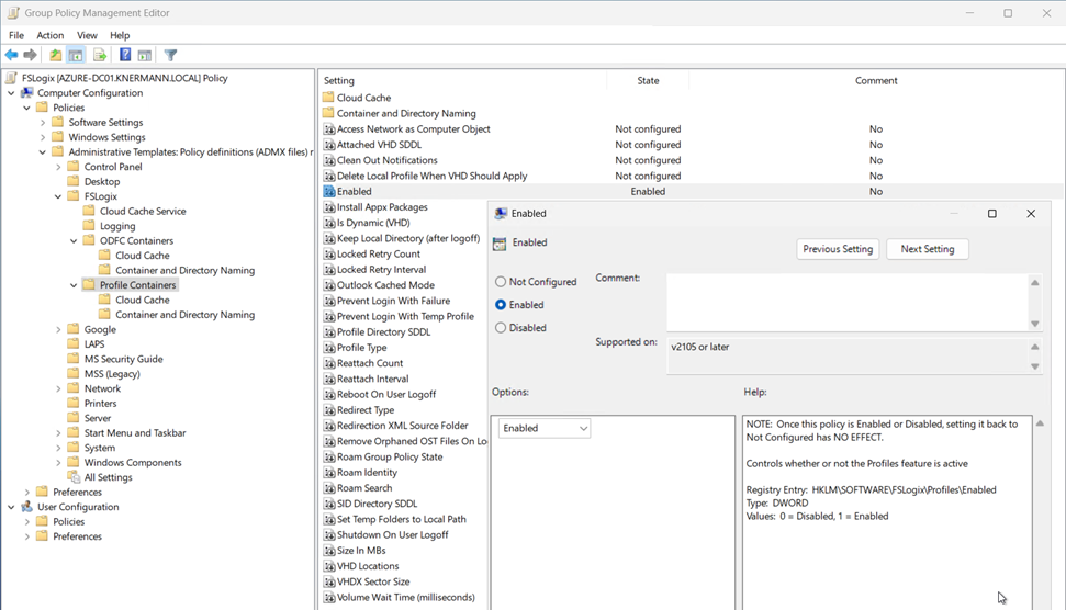 Doppelt hält besser – damit FSLogix aktiv wird, müssen Admins die Option "Enabled" an zwei Stellen setzen.
