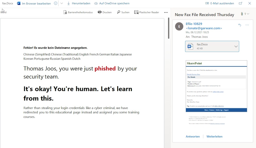 Bild 2: Öffnen Anwender einen gefährlichen Link oder eine Malware im Text, erhalten Sie eine Information.