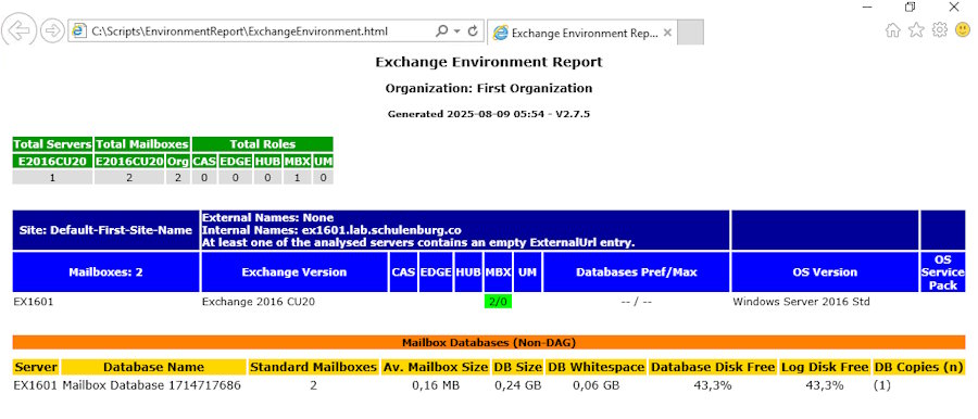 Screenshot des Exchange Environment Report im Browser. Zu sehen sind Serverinformationen wie Exchange-Version, Rollenverteilung, Postfachanzahl, Datenbankgrößen sowie interne und externe Namen der Umgebung.