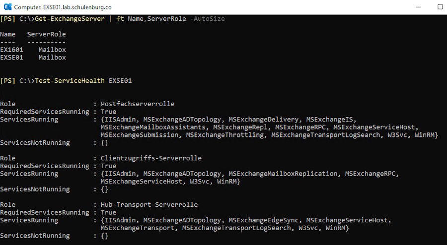 PowerShell-Konsole mit den Ausgaben der Befehle Get-ExchangeServer und Test-ServiceHealth. Angezeigt werden Serverrollen für EX1601 und EXSE01 sowie der Status aller erforderlichen Exchange-Dienste.