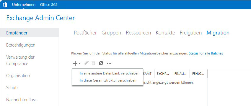 Screenshot des Exchange Admin Center. Im Bereich „Empfänger / Migration“ ist das Menü zum Start einer Verschiebeaktion geöffnet, unter anderem mit der Option „In eine andere Datenbank verschieben“.