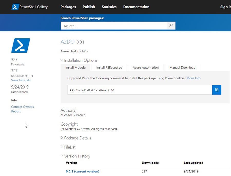 Screenshot aus der PowerShell Gallery, das ein leeres Modul zeigt – es wurde dennoch mehrere Hundertmal heruntergeladen.