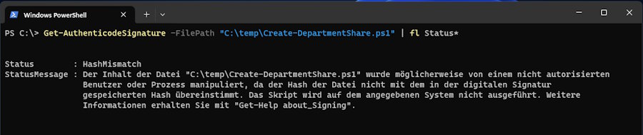 Screenshot aus der PowerShell: Bild 2: Ein Hash-Mismatch beim Prüfen einer Signatur signalisiert deren Abwesenheit und erfordert, den Code im Detail zu untersuchen.