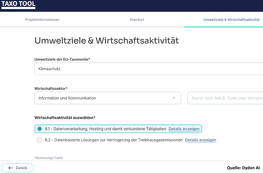 Bild 2: Die Auswahl eines der Umweltziele und die Wirtschaftsaktivität im Taxo Tool, eines KI-Werkzeugs für die EU-Taxonomie. (Quelle: Dydon AI)