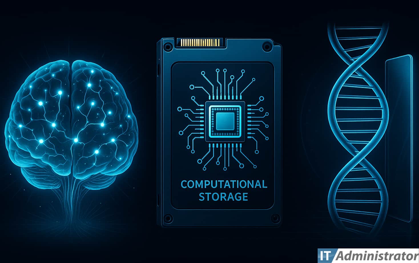 KI-generierte grafische Darstellung künftiger Speicher: AIOps, Computational Storage und neue Speichermedien.