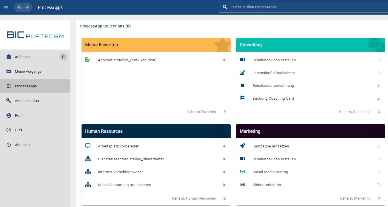Übersicht der entwickelten und durch die IT-Abteilung genehmigten Prozess-Apps innerhalb der No/Low-Code-Plattform "BIC Process Execution".