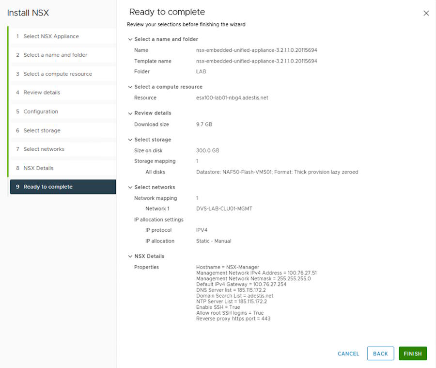 Screenshot des Installationsassistenten von VMware NSX im vCenter. Der Wizard zeigt die letzten Schritte zum Ausrollen der NSX-Manager-OVA-Appliance mit Netzwerk- und Speicherdetails.