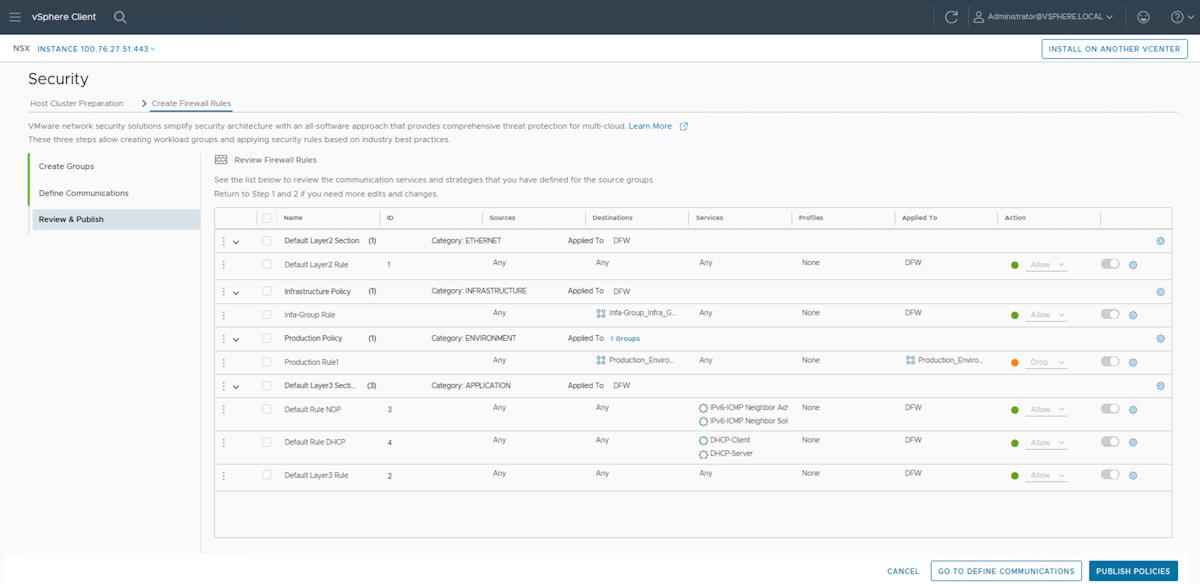 Screenshot der NSX-Firewallkonfiguration im vSphere Client. Anzeige verschiedener Security-Policies und Regeln zur Steuerung von Netzwerkkommunikation und Zugriffen auf Workloads.