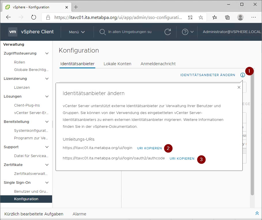 Die Umleitungs-URIs haben Buttons zum Kopieren. Die Daten sind für spätere Schritte wichtig.