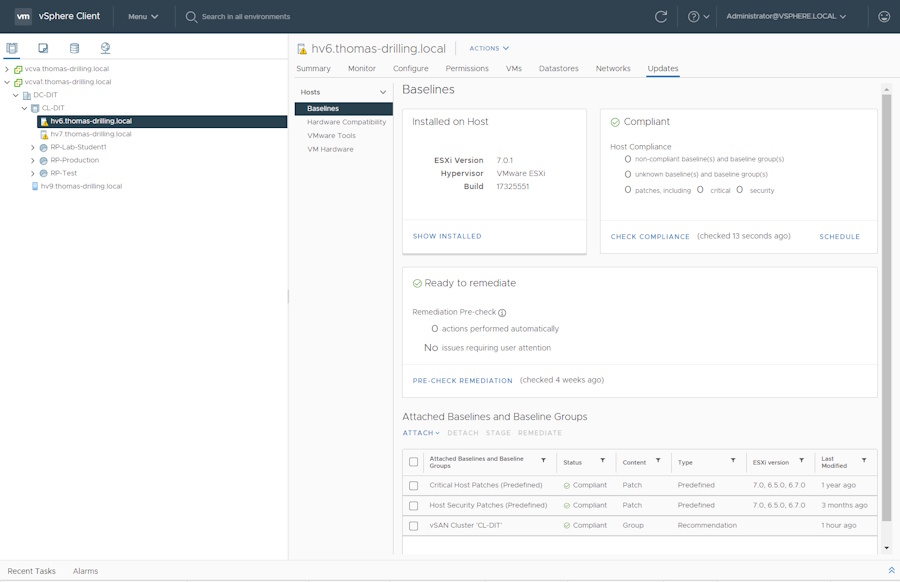 Bild 1: Bei passender Konfiguration der Repos, Baselines oder Cluster-Images ist der vLCM einfach und vollständig in den vSphere-Client integriert.