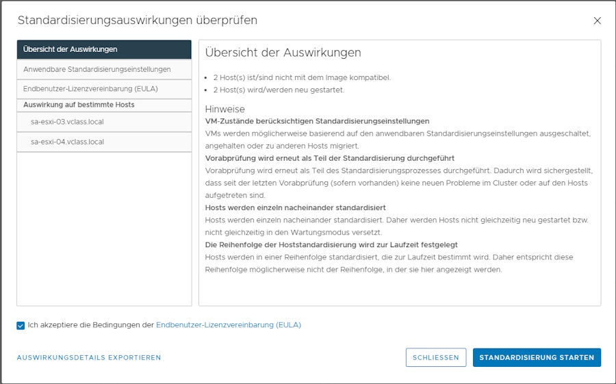 Bild 4: Das Ergebnis der Standardisierungsprüfung zeigt, dass zwei Hosts neu starten. Der Lifecycle Manager orchestriert die Reihenfolge dabei automatisch.
