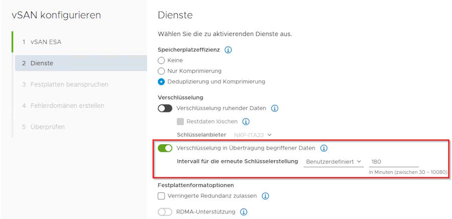 Bild 1: Die Transportverschlüsselung in vSAN lässt sich einfach aktivieren.