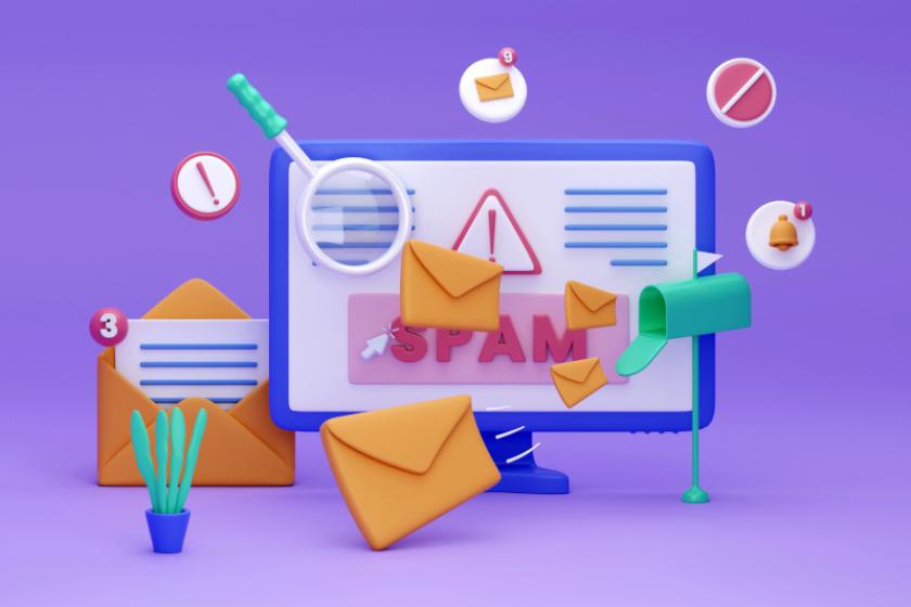 Stilisierte 3D-Darstellung eines Bildschirms mit einer Spam-Mail darauf.