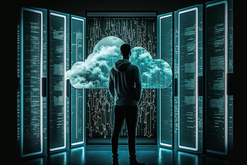 IT-Verantwortlicher, der vor Serverschränken und einer symbolisierten Wolke steht.