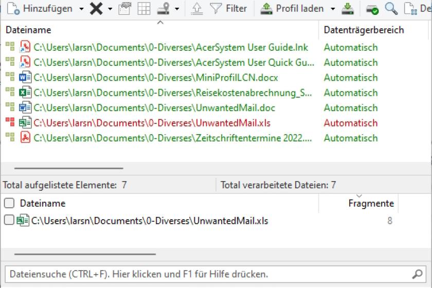 WinContig listet defragmentierbare Dateien übersichtlich auf.