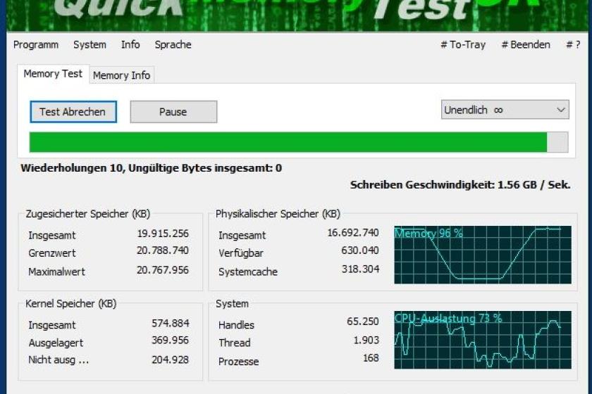 QuickMemoryTestOK überprüft den Arbeitsspeicher mit einer theoretisch unbegrenzten Anzahl von Wiederholungen.  