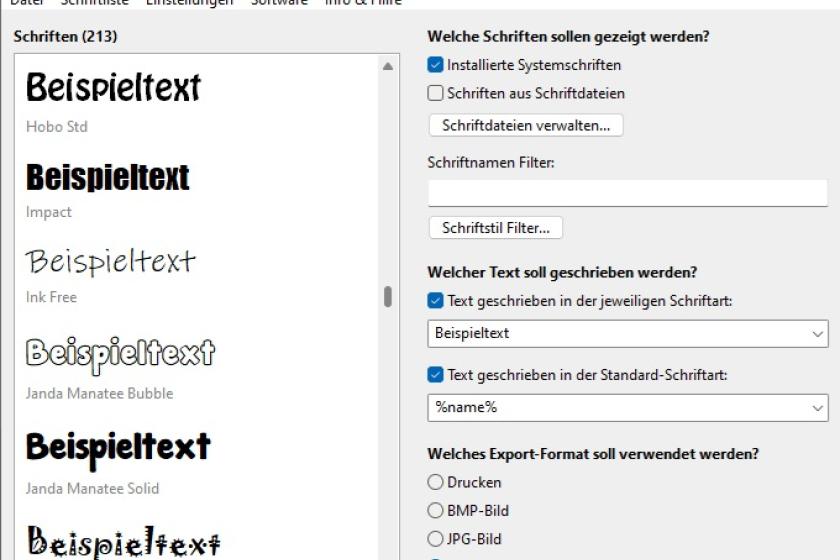 Das Tool SchriftDrucker verschafft den Überblick über vorhandene Fonts.