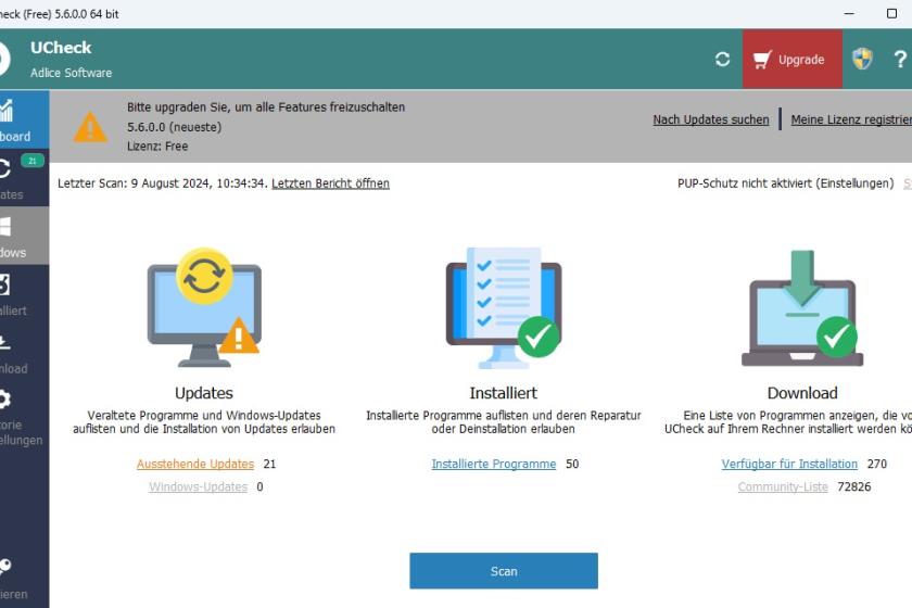 Im Dashboard von UCheck ist unter anderem abzulesen, wieviele der installierten Programme ein Update vertragen könnten.