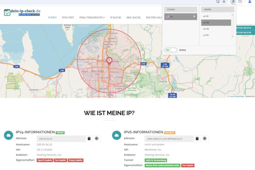 Mit anonymoX ändern Sie per Mausklick im Browser Ihre IP-Adresse und Standort – hier von München nach Salt Lake City.