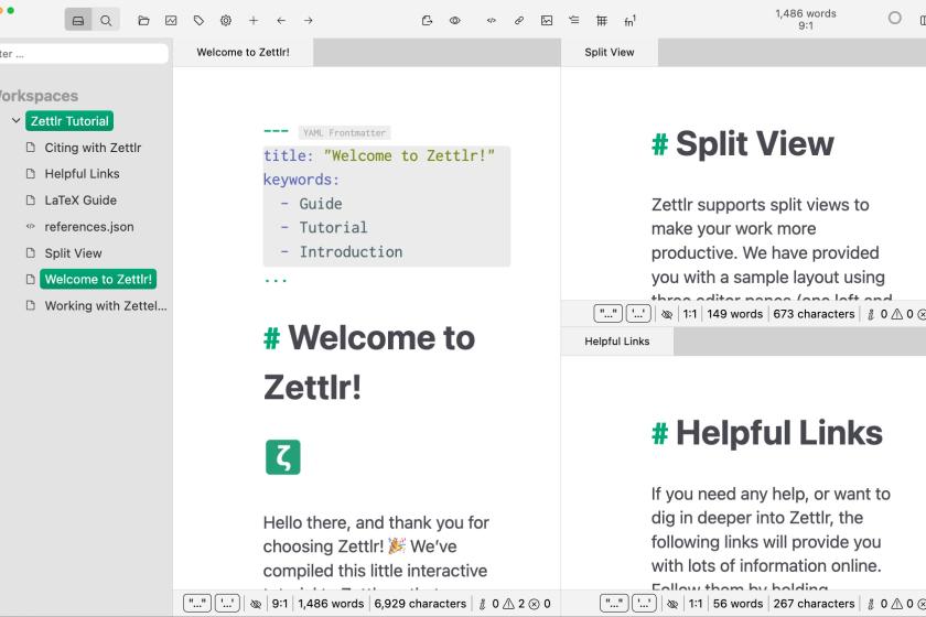 Zettlr im Einsatz: Die Benutzeroberfläche mit Split-View-Funktion ermöglicht das gleichzeitige Arbeiten an mehreren Dokumenten.
