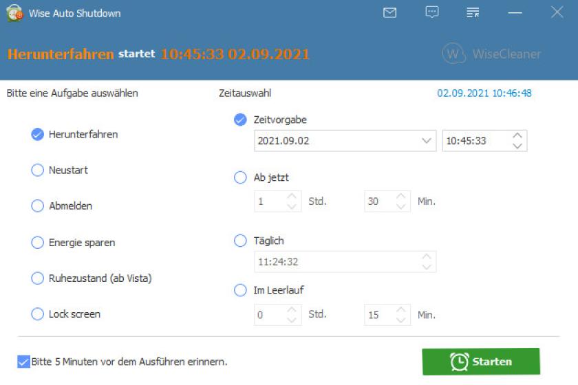 Mit "Wise Auto Shutdown" lassen sich Rechner nach Belieben zu bestimmten Zeiten herunterfahren.