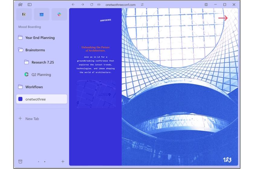 Anstelle einer horizontalen Tab-Leiste setzt Arc auf eine Seitenleiste, die Tabs und Lesezeichen bündelt.