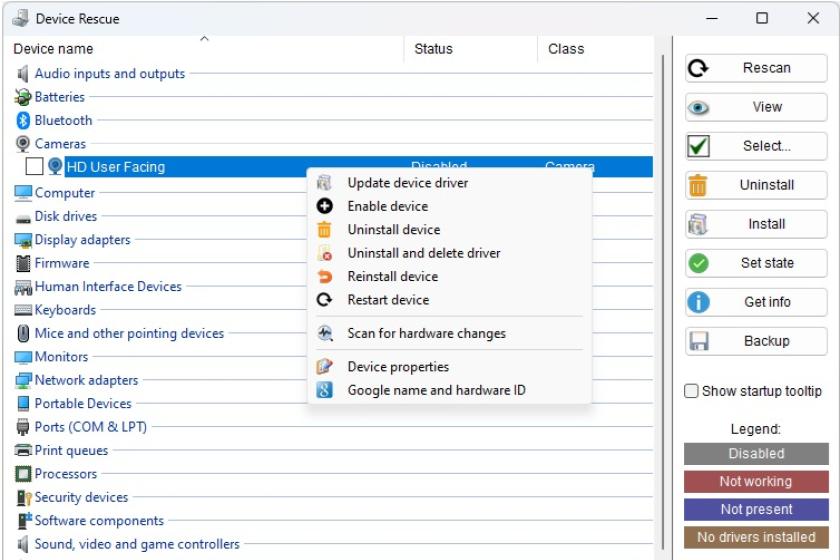 Screenshot der Software DeviceRescue, die eine Übersicht der Hardware-Komponenten des Systems anzeigt.
