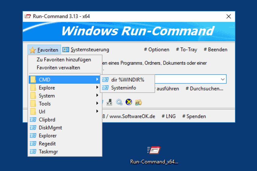 Mit Run-Command haben Sie Ihre bevorzugten Admin-Befehle griffbereit. (Quelle: softwareok.de)