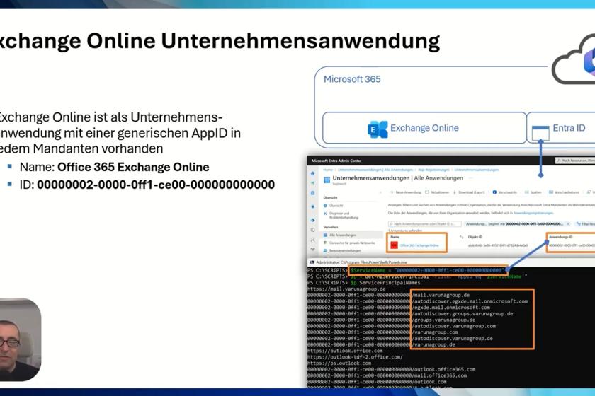 Screenshot aus dem Tech-Talk-Video zu Exchange Hybrid mit einem geöffneten Kommandozeilenfenster und dem Entra ID Admin Center.