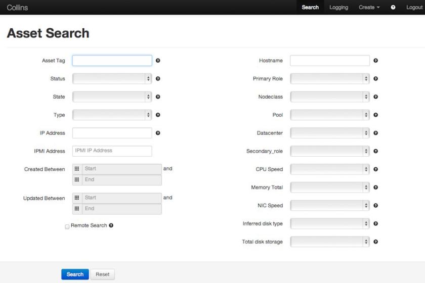 Screenshot der Suchoberfläche von Collins: Das Open-Source-Tool für Infrastruktur- und Asset-Management bietet detaillierte Suchfilter wie Asset-Tag, Status, Hostname, Datacenter, IP-Adresse und Hardware-Spezifikationen, um IT-Geräte und Ressourcen präzise zu verwalten.
