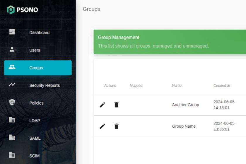 Screenshot des Passwortmanagers Psono mit einem Dashboard und der Übersicht über die angelegten Benutzergruppen.